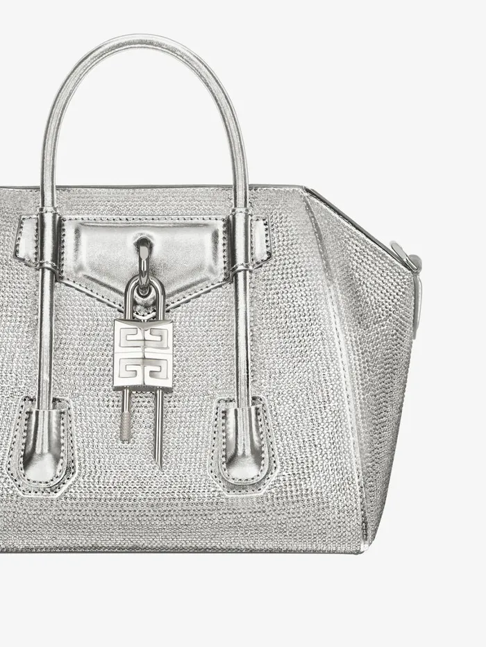 Givenchy Mini Antigona Lock Bag In Satin Strass And Leather Silvery Grey Women Crossbody Bags Givenchy Mini Antigona Lock Bag In Satin Strass And Leather Silvery Grey Women Crossbody Bags