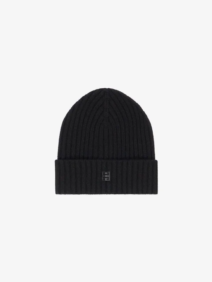Givenchy Ribbed Beanie In Wool And Cashmere With 4G Detail Black Men Beanies and Caps