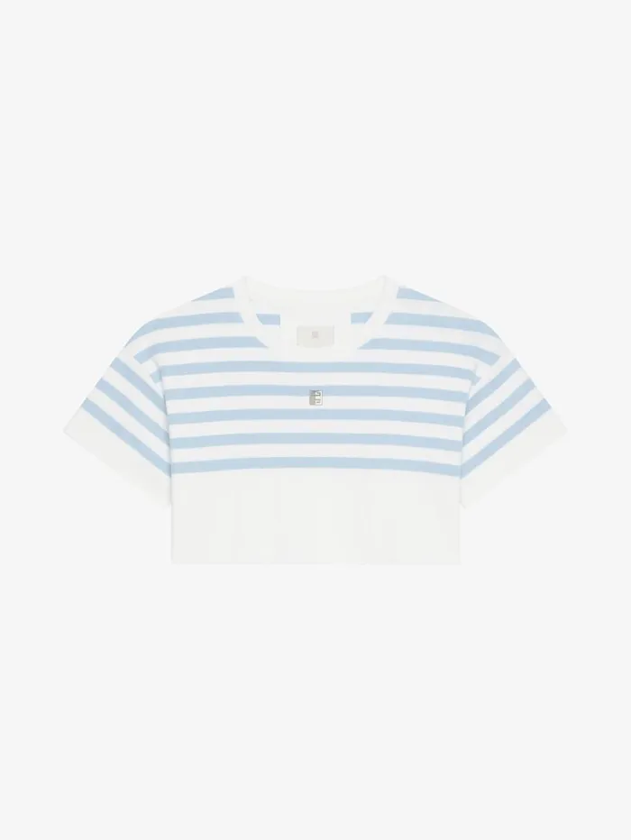 Givenchy Striped Cropped Tshirt In Cotton 4G Detail Whitelight Blue Women TShirts