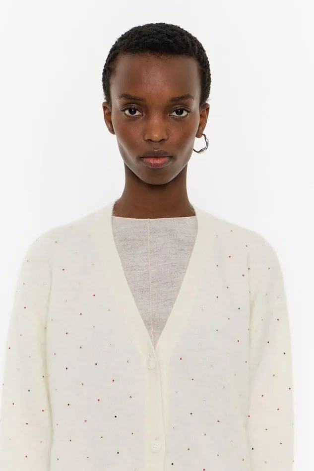 Ivory Mohair Rhinestones Cardigan Ivory Women Bimba Y Lola Knitwear Ivory Mohair Rhinestones Cardigan Ivory Women Bimba Y Lola Knitwear