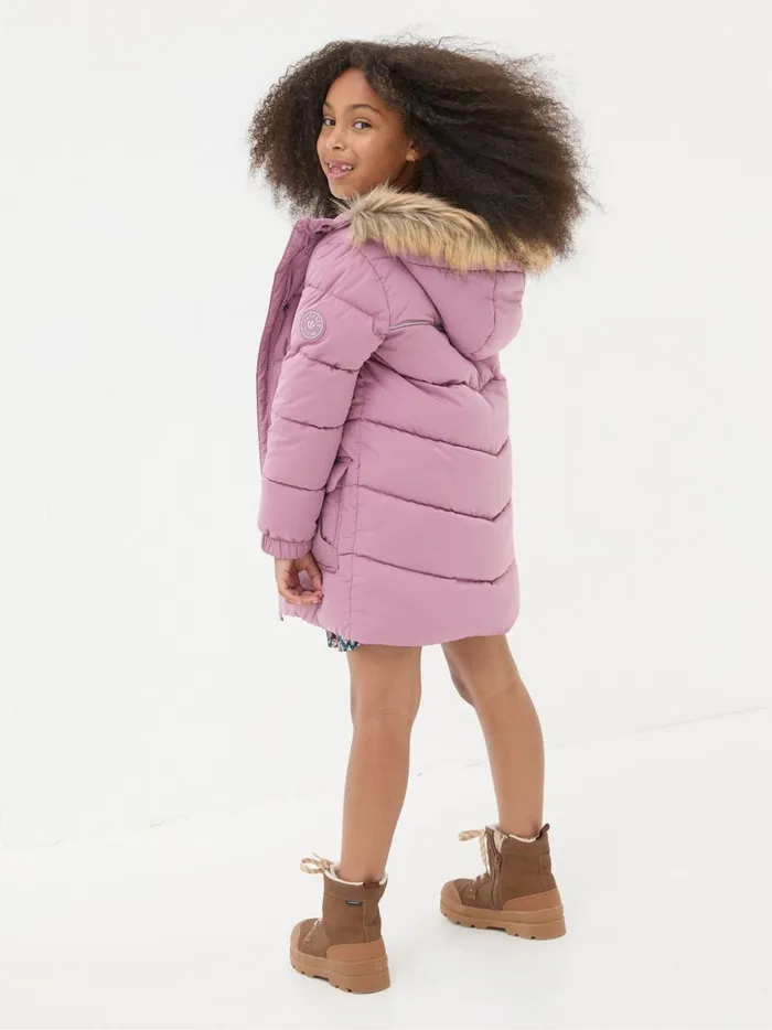 Kids Coats and Jackets Fat Face Lily Dusky Purple Waterproof Longline Padded Coat