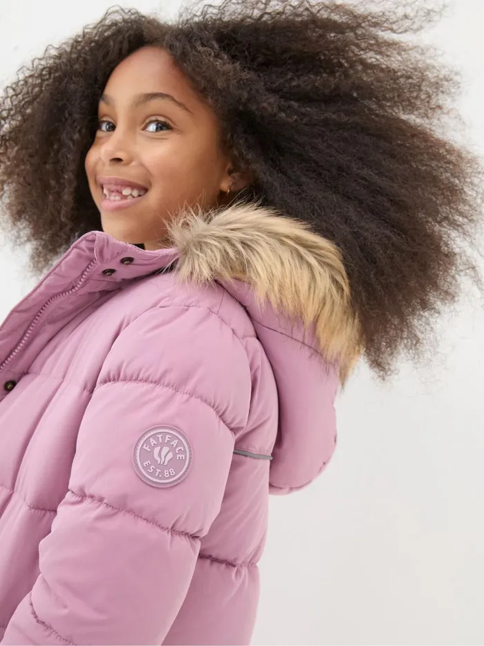 Kids Coats and Jackets Fat Face Lily Dusky Purple Waterproof Longline Padded Coat