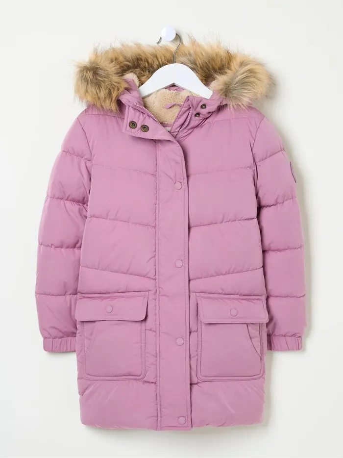 Kids Coats and Jackets Fat Face Lily Dusky Purple Waterproof Longline Padded Coat