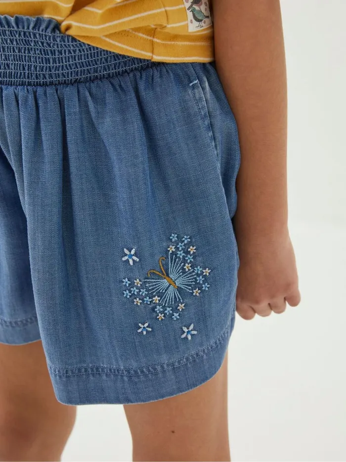 Kids Shorts Fat Face Blue Embroidered Chambray Flippy Shorts