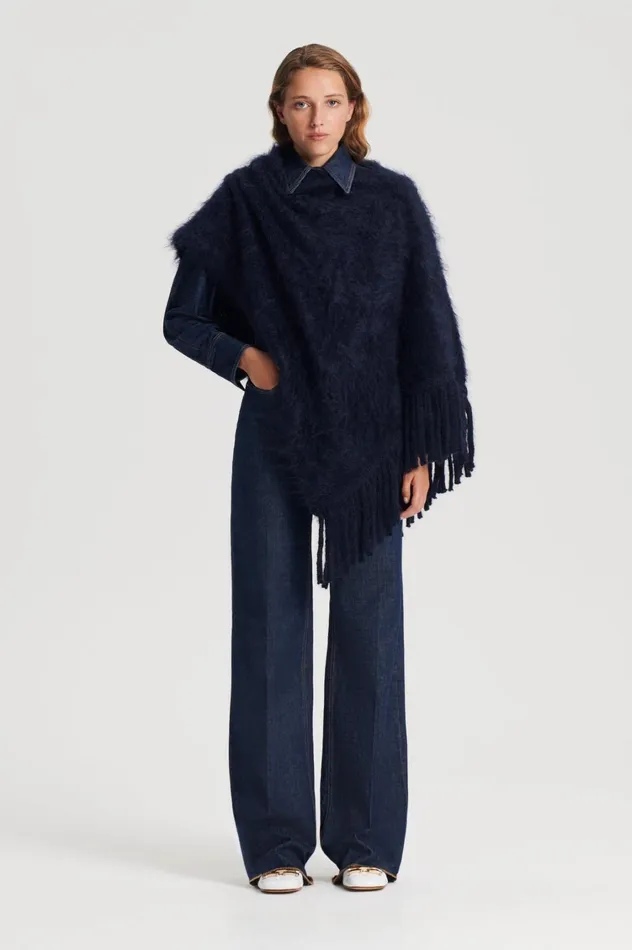 Knitwear Women Scanlan Theodore BRUSHED FRINGED CAPE Navy