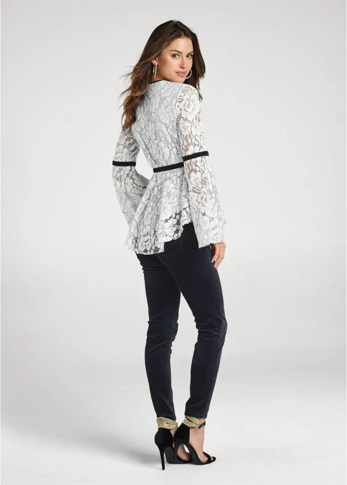 LACE BELL SLEEVE TOP Off White Multi Women VENUS Night Out Tops