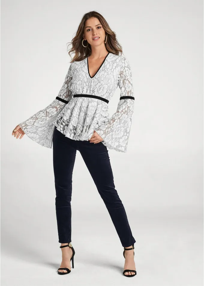 LACE BELL SLEEVE TOP Off White Multi Women VENUS Night Out Tops