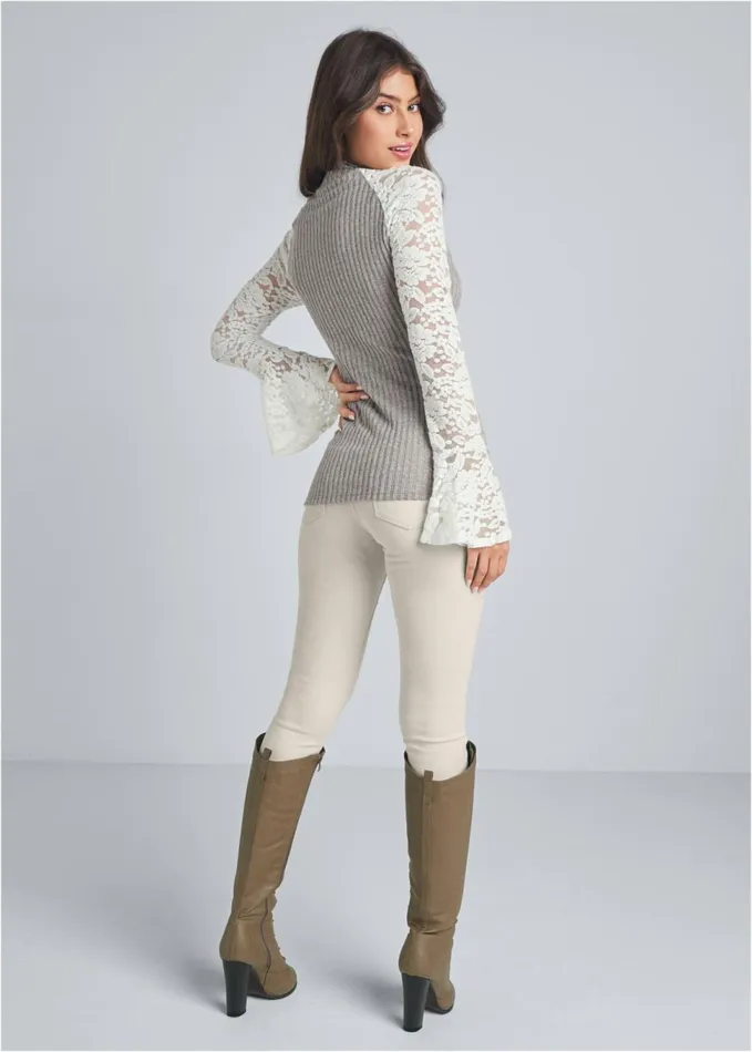 LACE DETAIL RIBBED TOP Heather Grey Multi Women VENUS Night Out Tops