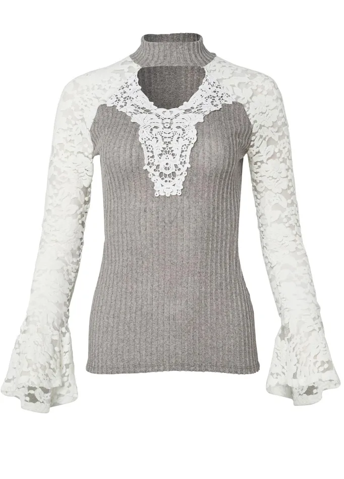 LACE DETAIL RIBBED TOP Heather Grey Multi Women VENUS Night Out Tops