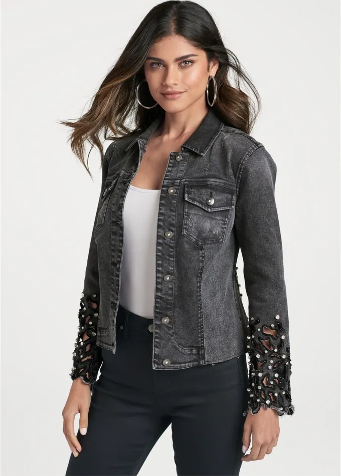 LASER CUT DENIM JACKET Black Denim Women VENUS Denim