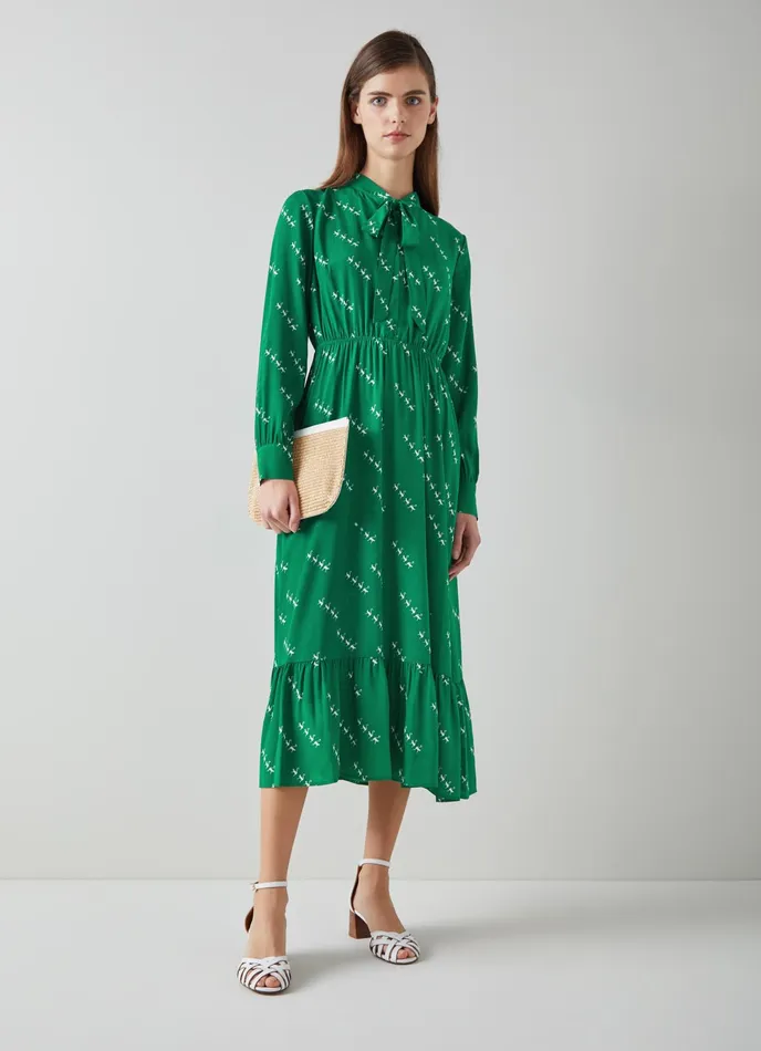 LK Bennett Bridget Green ViscoseSilk Monkey Print Dress Women Dresses