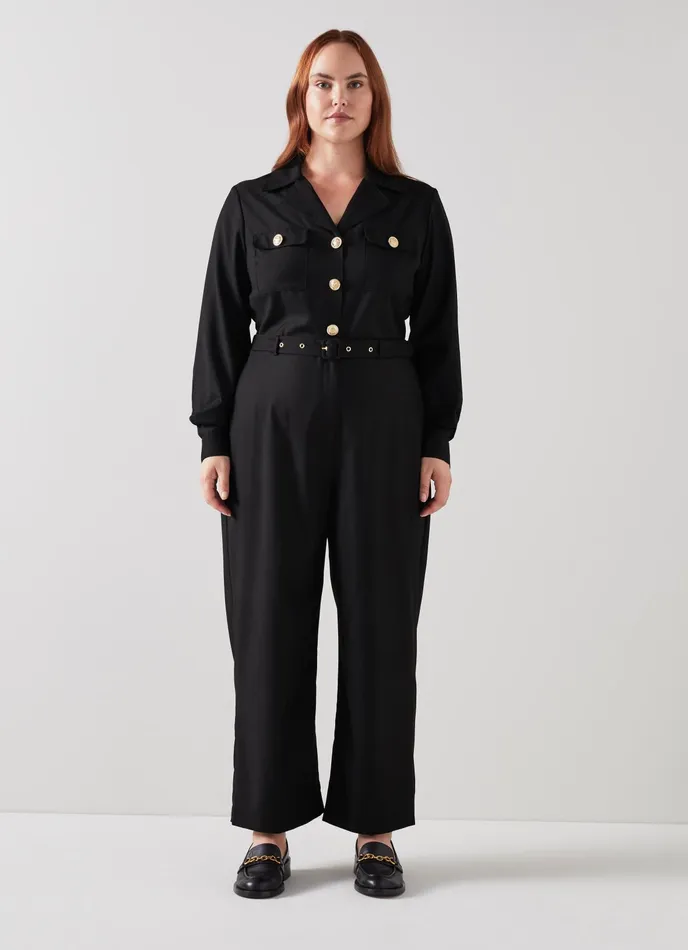 LK Bennett Camille Black WoolBlend Gold Button Jumpsuit Women Dresses