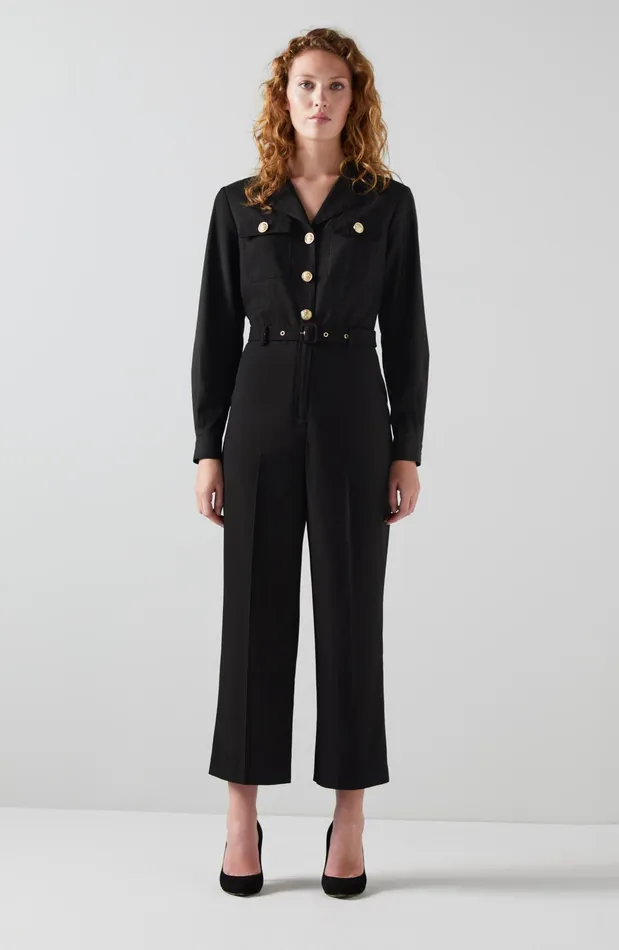LK Bennett Camille Black WoolBlend Gold Button Jumpsuit Women Dresses