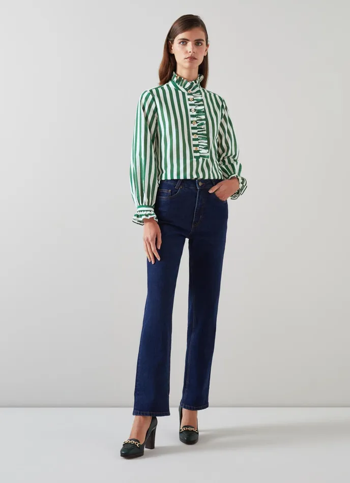 LK Bennett Camille Green And White Stripe CottonSilk Blend Shirt Women Tops