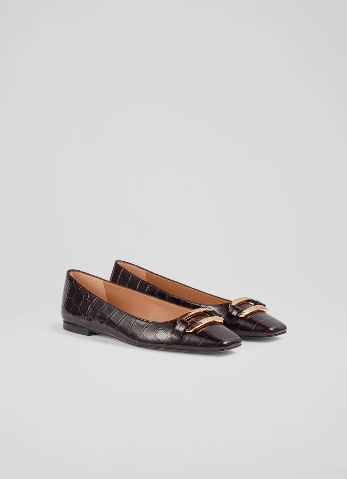 LK Bennett Cayden Bordeaux CrocEffect Leather Gold Bar Flats Women Flats