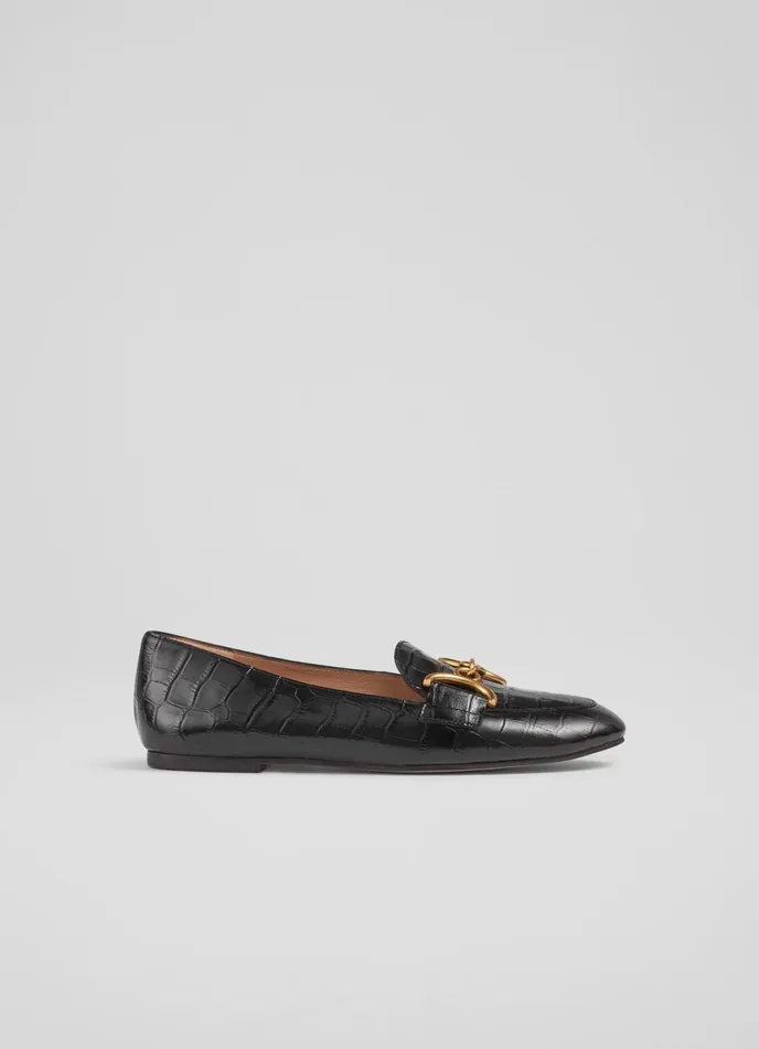 LK Bennett Daphne Black CrocEffect Leather Loafers Women Flats