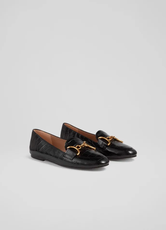 LK Bennett Daphne Black CrocEffect Leather Loafers Women Flats