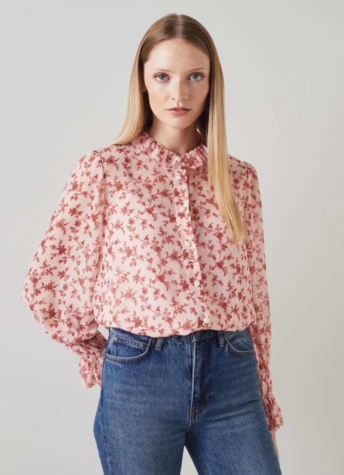 LK Bennett Elsa Pink And Red Ornate Floral Print Blouse Women Tops