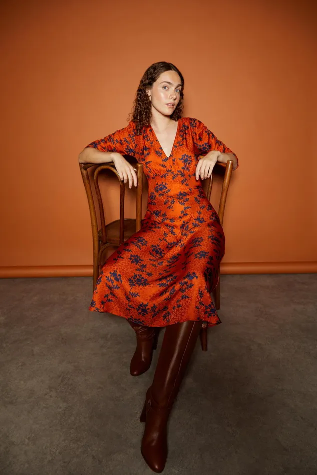 LK Bennett Erin Orange And Blue Shadow Floral Silk Jacquard Dress Women Dresses LK Bennett Erin Orange And Blue Shadow Floral Silk Jacquard Dress Women Dresses