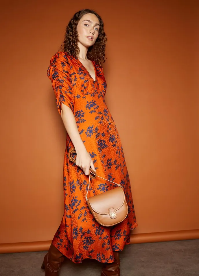 LK Bennett Erin Orange And Blue Shadow Floral Silk Jacquard Dress Women Dresses