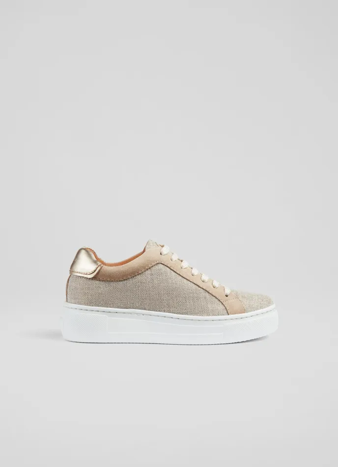 LK Bennett Lkb Lift Gold Fabric And Beige Suede Flatform Trainers Women Trainers