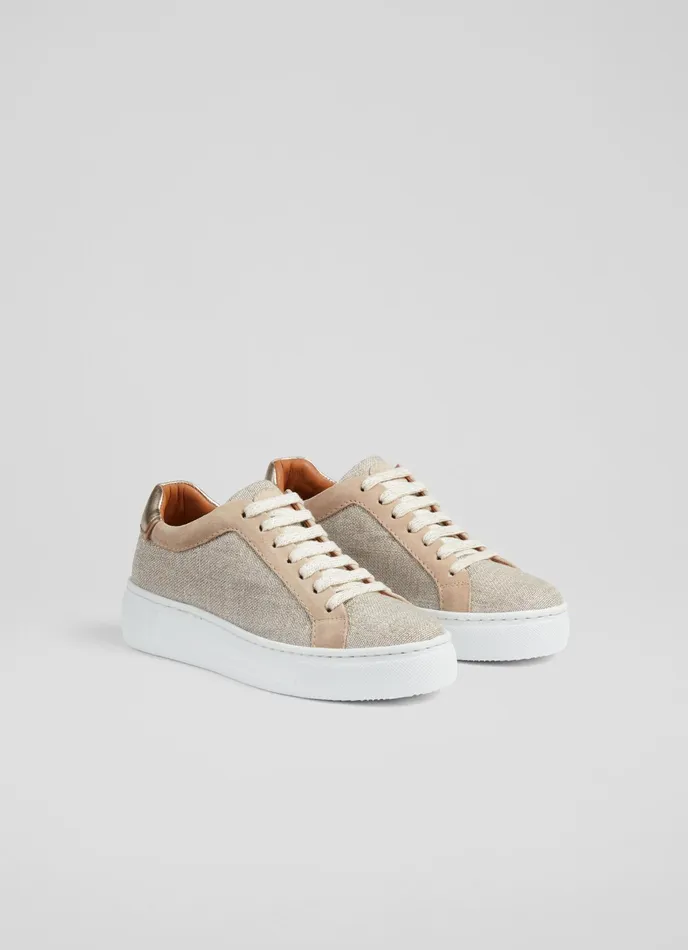 LK Bennett Lkb Lift Gold Fabric And Beige Suede Flatform Trainers Women Trainers