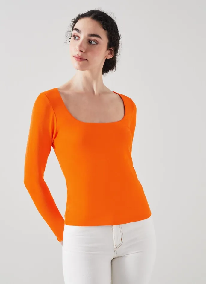 LK Bennett May Orange Lenzing Ecovero Viscose Square Neck Top Women Tops