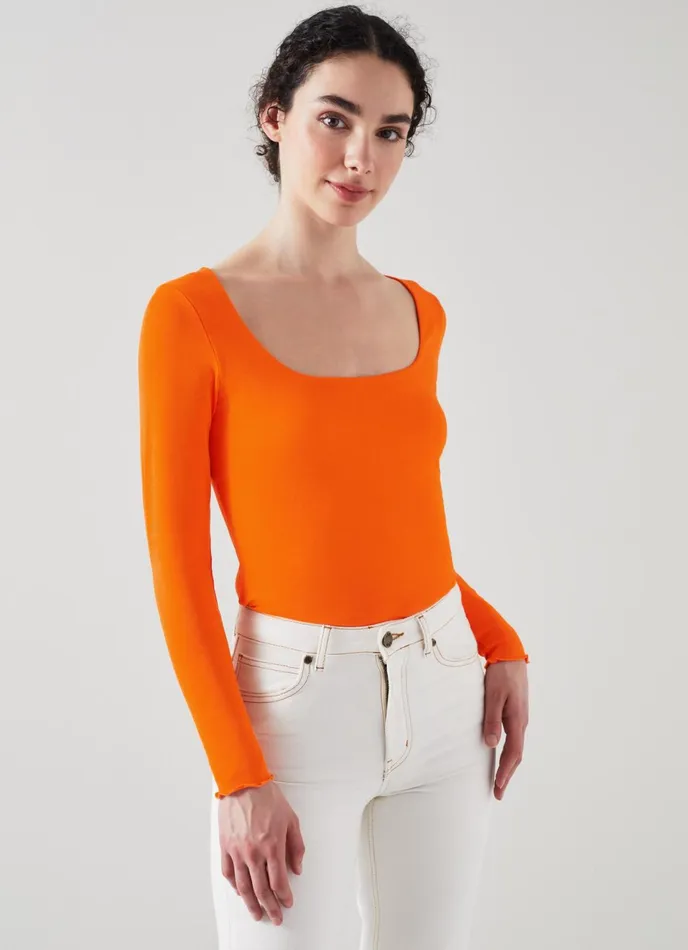 LK Bennett May Orange Lenzing Ecovero Viscose Square Neck Top Women Tops