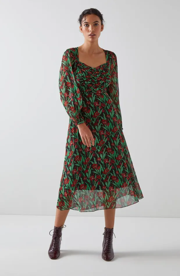 LK Bennett Mertyl Midnight Floral Print Silk Dress Women Dresses