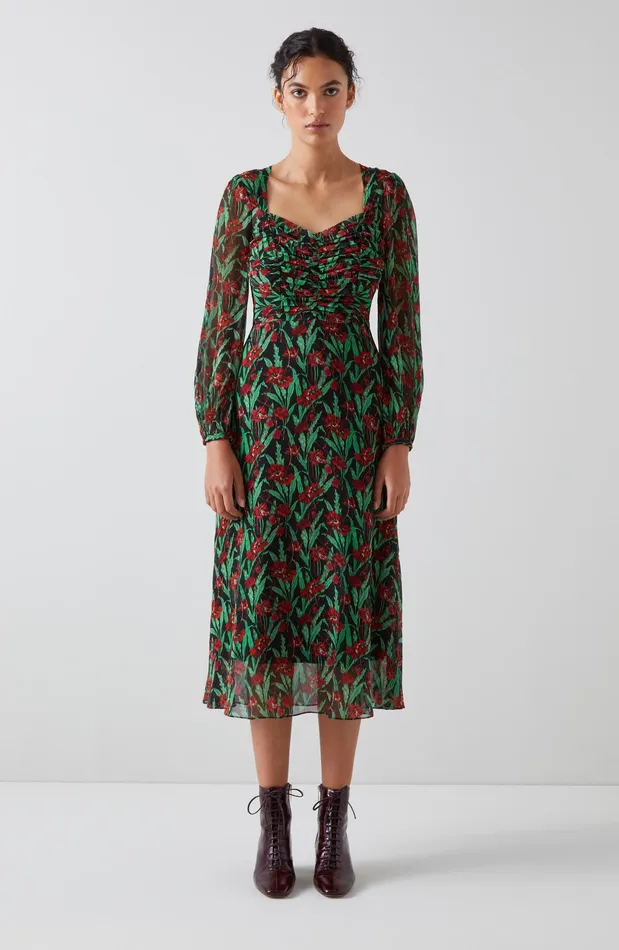 LK Bennett Mertyl Midnight Floral Print Silk Dress Women Dresses