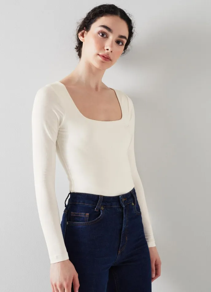 LK Bennett Miriam Ivory Lenzing Ecovero Viscose Square Neck Body Women Tops