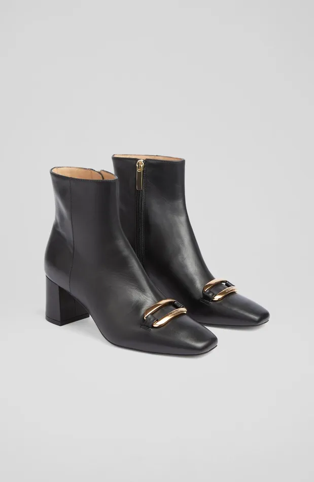 LK Bennett Novella Black Leather Gold Bar Ankle Boots Women Boots
