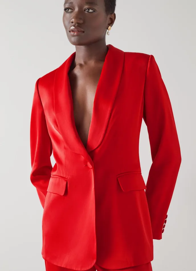 LK Bennett Seydoux Red Silky Tuxedo Jacket Women Coats and Jackets