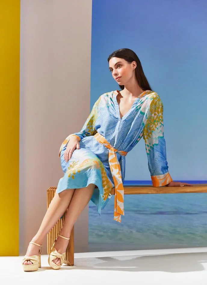 LK Bennett Sophia Blue Floral Print Lenzing Ecovero Viscose Kaftan Dress Women Dresses
