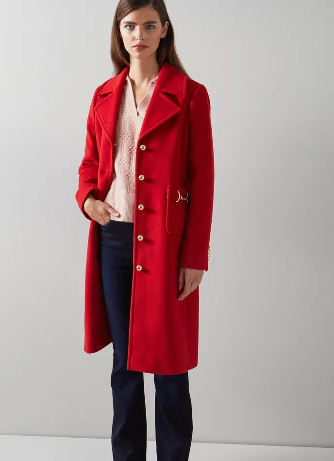 LK Bennett Spencer Red Recycled Wool Blend SnaffleDetail Coat Women Coats and Jackets