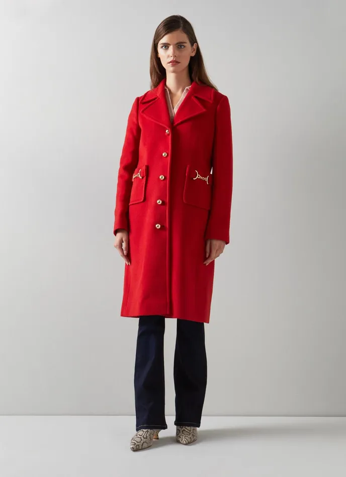 LK Bennett Spencer Red Recycled Wool Blend SnaffleDetail Coat Women Coats and Jackets