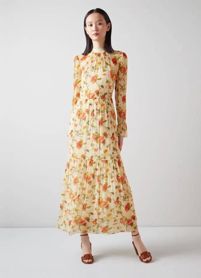 LK Bennett Swinton Cream And Red Chine Floral Print Silk Dress Women Dresses