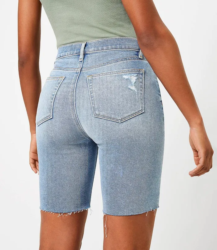 LOFT Curvy Frayed Denim Bike Shorts In Light Wash Indigo Light Wash Indigo Women Shorts