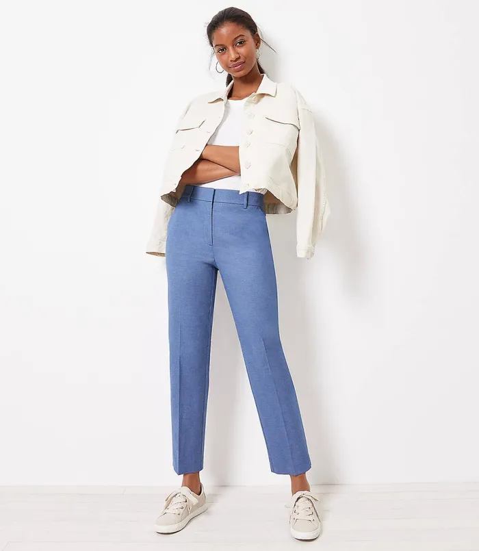 LOFT Curvy Perfect Straight Pants In Stretch Double Weave Blue Multi Women Pants