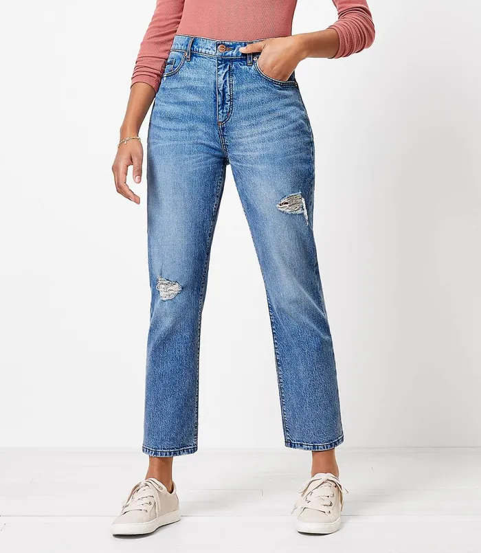 LOFT Destructed High Rise Straight Crop Jeans In Authentic Light Indigo Wash Authentic Light Indigo Wash Women Jeans LOFT Destructed High Rise Straight Crop Jeans In Authentic Light Indigo Wash Authentic Light Indigo Wash Women Jeans