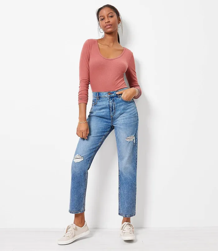LOFT Destructed High Rise Straight Crop Jeans In Authentic Light Indigo Wash Authentic Light Indigo Wash Women Jeans