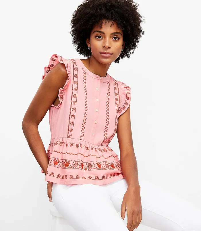 LOFT Floral Embroidered Henley Peplum Shell Strawberry Slush Women Tops