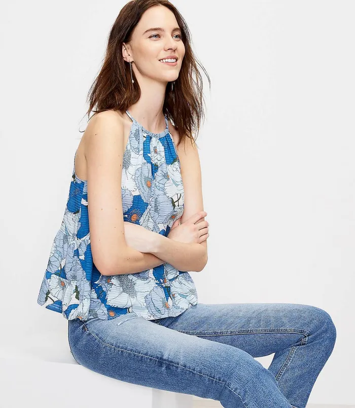 LOFT Floral Tiered Halter Cami Stratosphere Blue Women Tops