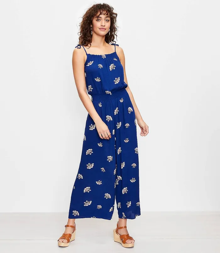 LOFT LOFT Beach Floral Smocked Tie Strap Jumpsuit Blue Depths Women Jumpsuits and Rompers LOFT LOFT Beach Floral Smocked Tie Strap Jumpsuit Blue Depths Women Jumpsuits and Rompers