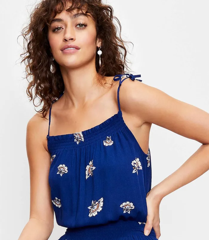 LOFT LOFT Beach Floral Smocked Tie Strap Jumpsuit Blue Depths Women Jumpsuits and Rompers