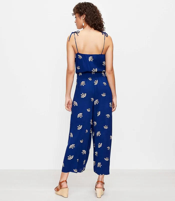 LOFT LOFT Beach Floral Smocked Tie Strap Jumpsuit Blue Depths Women Jumpsuits and Rompers
