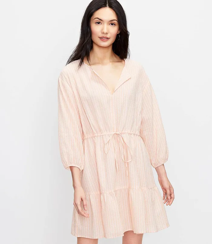 LOFT LOFT Beach Striped Tiered Drawstring Dress Dusty Peached Pink Women Swim and Beach LOFT LOFT Beach Striped Tiered Drawstring Dress Dusty Peached Pink Women Swim and Beach