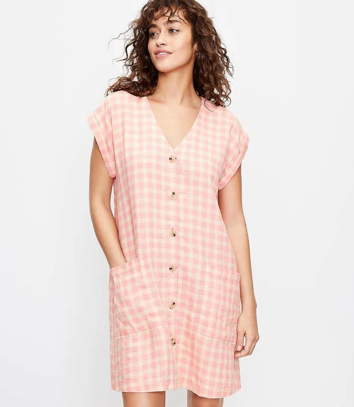 LOFT Lou and Grey Gingham Linen Pocket Shirtdress Light Pebble Women Loungewear LOFT Lou and Grey Gingham Linen Pocket Shirtdress Light Pebble Women Loungewear