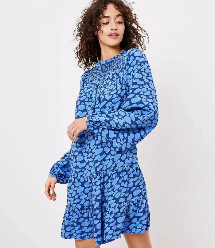 LOFT Petite Cheetah Print Smocked Yoke Swing Dress Urban Blue Women Petite Dresses LOFT Petite Cheetah Print Smocked Yoke Swing Dress Urban Blue Women Petite Dresses