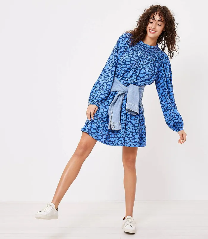 LOFT Petite Cheetah Print Smocked Yoke Swing Dress Urban Blue Women Petite Dresses